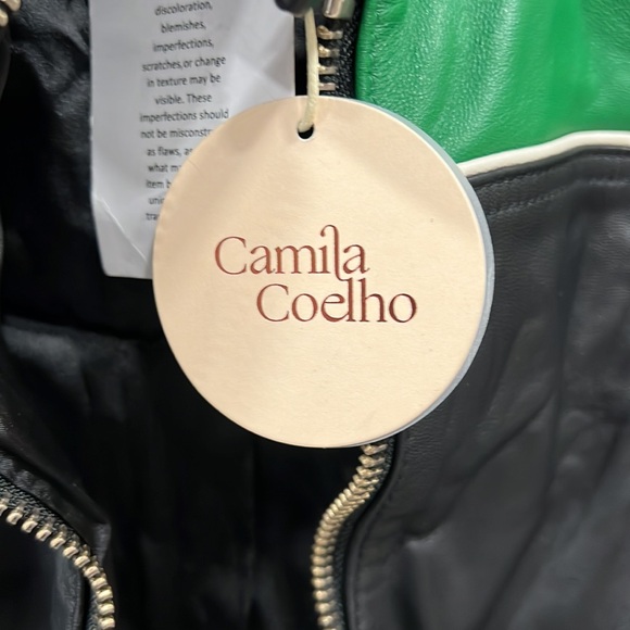 Camila Coelho Cropped Moto Biker Leather Jacket in Green & Black - Picture 6 of 9